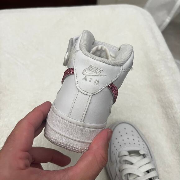 Nike Air Force 1 Mid LE Triple White (GS) sz 3.5Y Pink Swoosh Customized - Picture 12 of 14